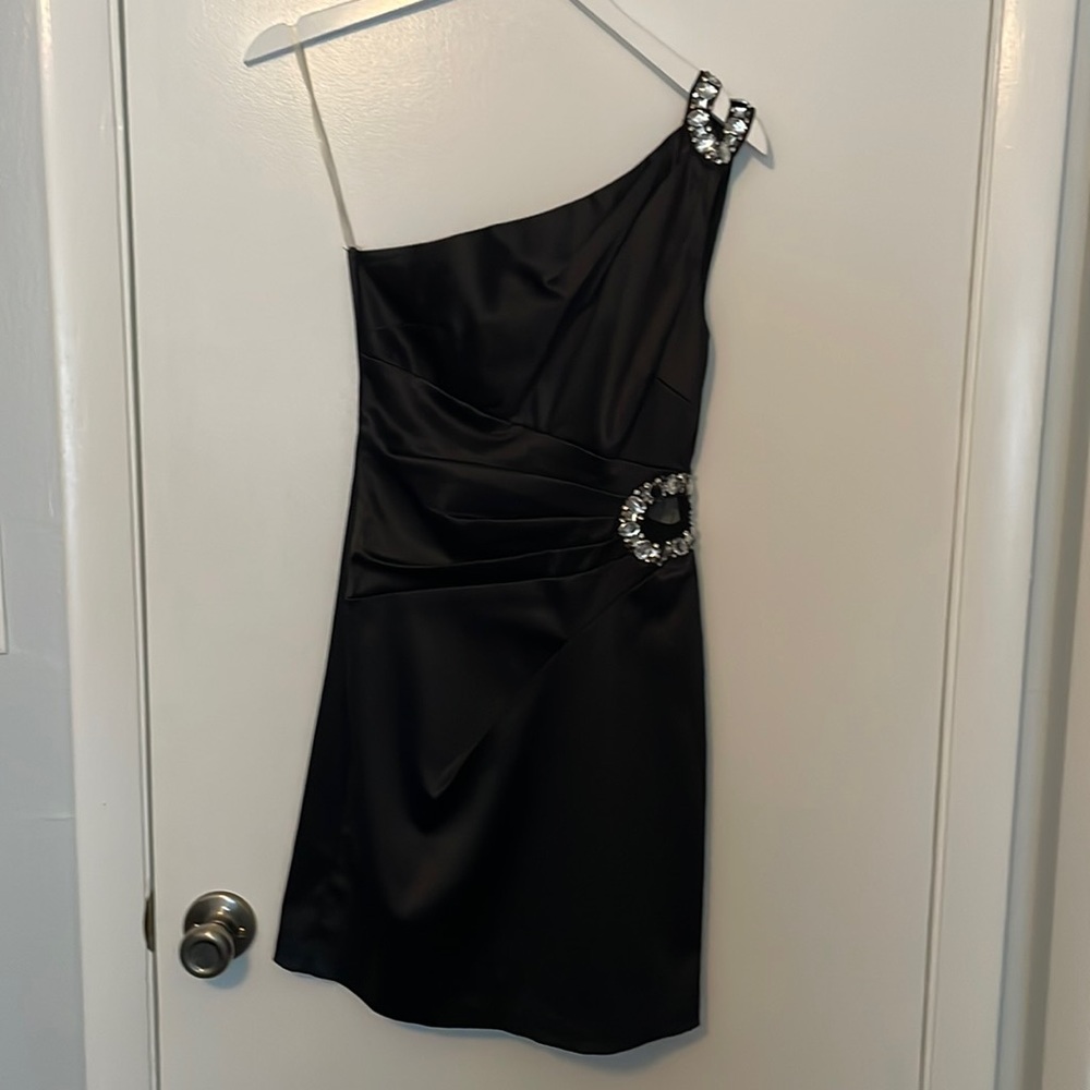 Teeze Me Black One Shoulder Cocktail Dress Satin Sheen and Jewel Embellishments